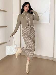 Feyla Women's All-Over Print Dress And Long Sleeve Top Casual Knit 2 Pieces Set - Khaki - View 6