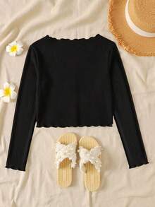 SHEIN كارديجان صوف خريفي للبنات المراهقات بتصميم كاجوال متعدد الاستخدامات، بياقة V مضلعة وحافة مكشكشة وأزرار أمامية، للعودة إلى المدرسة - الأسود - مشاهدة 2