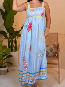 The Leen Edit Women's Summer Beach Vacation Striped Print Embroidered Contrast Color Strap Dress,Summer Dresses For Women Party Elegant - Multicolor - View 4