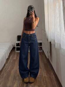 SHEIN Tall Celana Jeans Denim Wanita Model Lebar, Longgar, Kasual, Serbaguna dengan Kantong, Cocok untuk Musim Gugur - Dark Wash - View 4