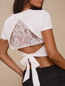 SHEIN Sports Women's Summer Casual Sports T-Shirt, Round Neck Short Sleeve With Back Lace Patchwork And Bow Tie Design - White - View 7
