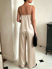 Cévolie Women's Elegant 2 Pieces Set With Contrast Lace Camisole And Long Pants - Apricot - View 3