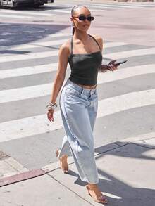 Denimoi Áo tank top dệt kim gân cổ vuông hở lưng chéo, thời trang mặc hàng ngày cơ bản - Màu xám đen - Xem 3