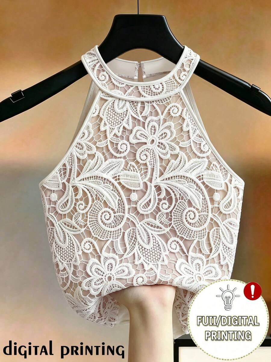 SHEIN Franclia 女款春夏白色花卉掛脖圓領對比飾邊無袖背心上衣,優雅浪漫休閒派對約會婚禮穿搭 - 白色 - 查看 1