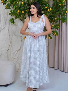 The Leen Edit Polka Dot Digital Print Twist Front Sleeveless Dress Elegant Vacation - Black and White - View 3