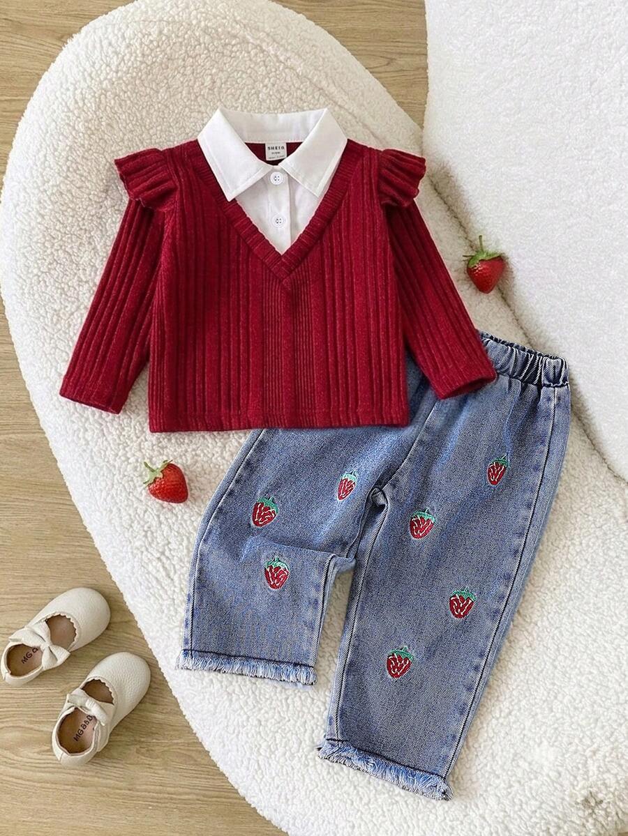 SHEIN Explorewe 2 件套女婴二合一服装,包括白色衬衫搭配红色华夫格纹理上衣和带草莓刺绣和流苏下摆的牛仔裤。时尚、甜美、休闲的设计适合春夏户外玩耍、日常、旅行。 - 紅色 - 查看 1