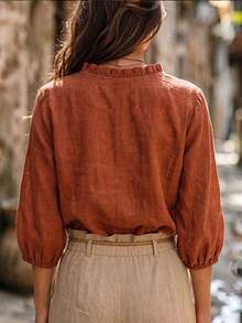 EMERY ROSE Women's Plus Size Autumn Casual Solid Orange Brown Deep V-Neck Ruffle 3/4 Sleeve Blouse, Suitable For Casual Commute Outing Daily Wear Fall - Brown - View 2