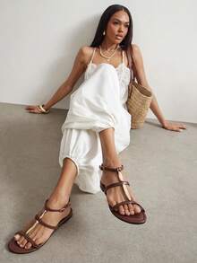 SHUZIA Women's Minimalist Casual Comfy Metal Chain Ankle Strap Flat Sandals - Chocolate Brown - View 1