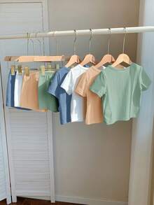 SHEIN 8pcs/Set Baby Boy/Girl Summer Cute Cartoon Print Short Sleeve Top And Elastic Waist Shorts - Multicolor - View 2