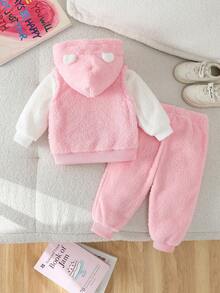 SHEIN Playful Pals Baby Girls Fluffy Pink Fleece Embroidered Hat Vest + White Sweatshirt + Pink Fuzzy Pants 3 Pieces Set - Multicolor - View 2