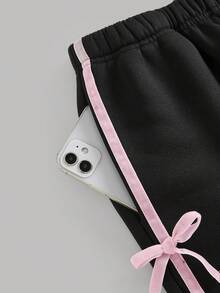 Girlism Tween女孩黑色粉色蝴蝶結印花連帽衛衣與寬腿褲套裝，抓絨，秋季穿搭，秋季服飾，連帽衫，舒適，Y2K，可愛 - 黑色 - 查看 5