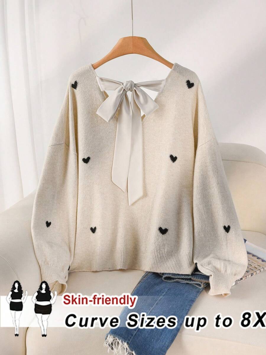 SHEIN CURVE+ 大尺碼女款心形圖案V領露背休閒可愛仙氣優雅毛衣,秋季約會之夜度假晚裝,黑白配色 - 杏色 - 查看 1