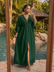 SHEIN Lady CURVE Gaun Liburan Kasual Ukuran Besar, Hijau Army Musim Gugur - Dark Green - View 1