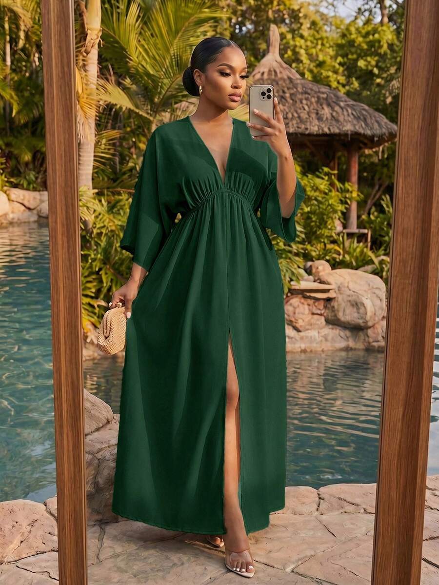 SHEIN Lady CURVE Gaun Liburan Kasual Ukuran Besar, Hijau Army Musim Gugur - Dark Green - View 1