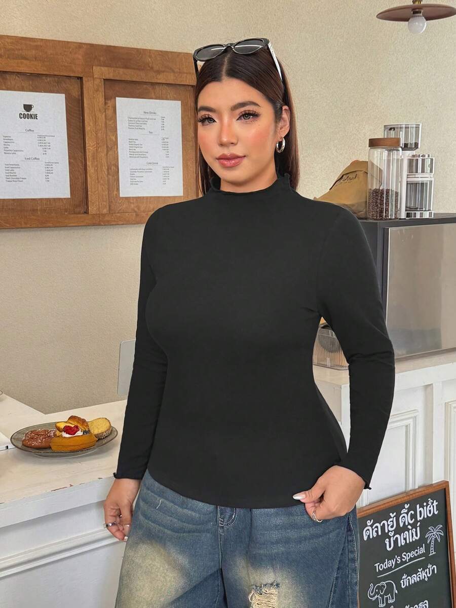 Muchica Plus Size Women Solid Color Stand Collar Long Sleeve Casual Versatile T-Shirt - Black - View 1