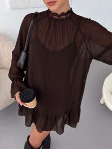 Lavishia 女款性感網紗長袖蕾絲刺繡薄紗洋裝 深棕色 秋季 外出約會穿搭 - 棕色 - 查看 4