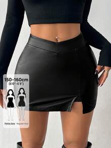 SHEIN PETITE Falda casual de mujer pequeña de unicolor con cuero elástico PI, plisada con abertura lateral en el bajo, para mujer pequeña - Negro - Ver 1