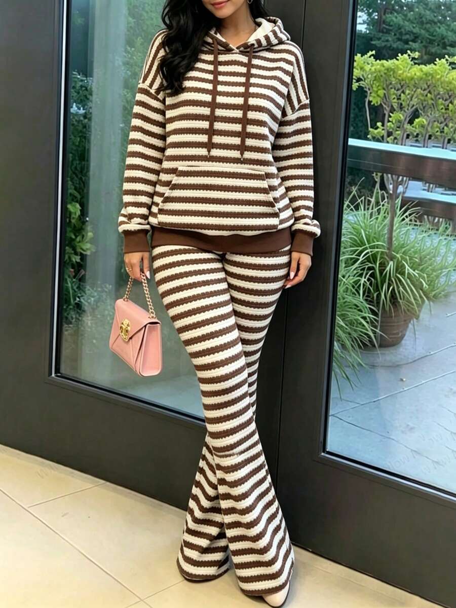 INAWLY Minimalist Loose Casual Striped Set - Coffee Brown - View 1