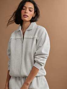 WESTFADE Collared Zipper Front Long Sleeve Eyelet & French Terry Sweatshirt, Casual, Fall, Winter, Autumn, Female Country Look, Cute Basic Top, Cowgirl, Lounge - Light Grey - View 3