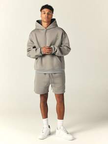 SUMWON Oversized Pullover Hoodie With Embroidered Logo Chest Detail Single Centre Pocket Ribbed Cuffs Hem Fall Winter Essential - Light Grey - View 3