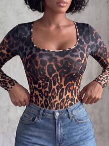Eryvara Women's New Autumn Leopard Print Square Neck Long Sleeve Bodysuit, Home Wear, Inner Layer, Daily Versatile - Brown - View 5