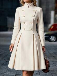 SHEIN LUNE Women's Solid Color Wool Fabric Design Stand Collar Cinched Waist Flared Long Sleeve Button-Front Elegant Sophisticated Elegant Autumn Winter Overcoat New Essential Fashion Item Niche Design Versatile Long Coat - Apricot - View 1