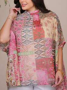 The Leen Edit Loose Fit Batwing Sleeve Tie Front Random Print Blouse, Plus Size Vacation Summer - Multicolor - View 4