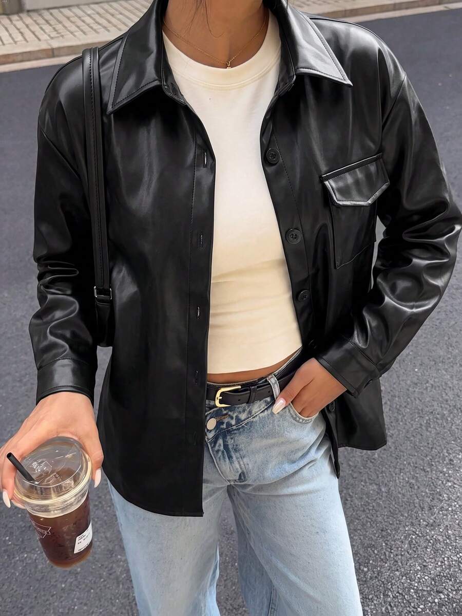 INAWLY Women's Solid Color PU Leather Casual Versatile Daily Long Sleeve Jacket - Black - View 1