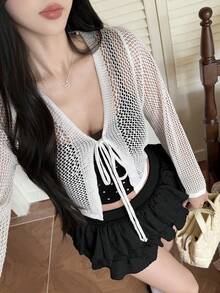 Tideelle Casual Versatile White Knit Cardigan - White - View 7