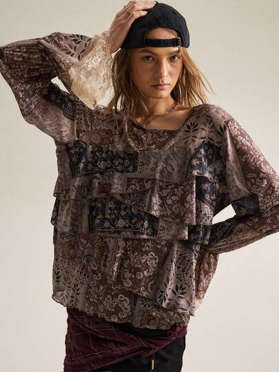 SHEIN Women's Round Neck Asymmetrical Ruffle Design Vintage Print Elegant T-Shirt