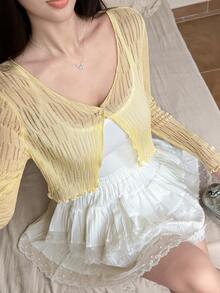 Tideelle 淡黃色溫柔風荷葉邊鏤空針織罩衫 女款秋季輕量防曬寬鬆顯瘦長袖外套 早午餐穿搭 - 淡黃色 - 查看 5
