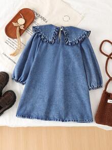 Autumn Girls' Denim Dress With Large Ruffle Collar, Puff Sleeves, Casual Versatile Children's Dress - Blue - View 2