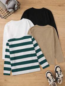 4pcs Tween Boy Casual Solid Color & Striped Long Sleeve T-Shirts Chic For Autumn/Winter Fall - Multicolor - View 2