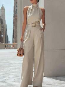 Zovinel Women's Solid Color Casual Versatile Fashion Tank Top And Wide Leg Long Pants Two Pieces Set - Apricot - View 2