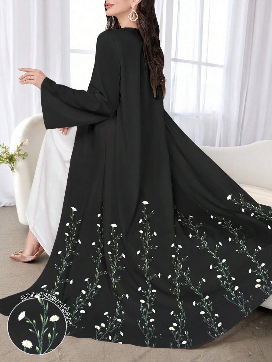 SHEIN Najma 女式花卉印花黑色长袖休闲阿拉伯长袍,春秋款 - 彩色 - 查看 1