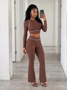 BamGleam Cropped Top & Flare Pants Sports Set - Brown - View 4