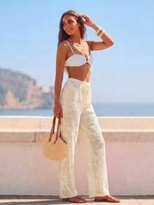 CAJUNI Women's Vacation Embroidered Sheer Casual Drawstring Waist Long Pants Beach - Cream - View 5