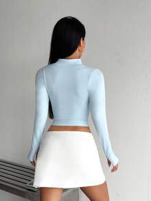 SHEIN Dewbera Light Blue Women's Solid Color Zipper Front Slim Fit Seamless Knit Sports Jacket - Blue and White - View 2