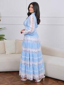 The Leen Edit Women's Elegant Lace Patchwork Maxi Dress, French Vintage Style, Suitable For Spring, Festival, Holiday - Baby Blue - View 3