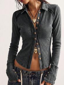 Bohemela Casual Solid Color Knit Women's Lightweight Jacket Everyday Work Going Out Dark Grey Autumn - Black - View 5