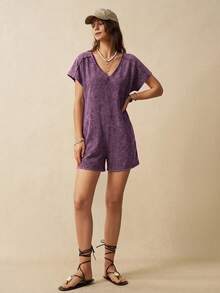 Bohemela Busana Wanita Minimalis Kasual Model Romper Leher V Gaya Jalanan Liburan Musim Panas Warna Ungu Muda - Purple - View 3