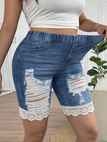 SHEIN Frenchy Mother's Day Plus Size Blue Denim Effect Contrast Lace Casual Leggings, Suitable For Summer - Blue - View 7