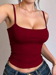 INAWLY Solva 女款休閒百搭純色細肩帶背心 - 酒紅色 - 查看 4