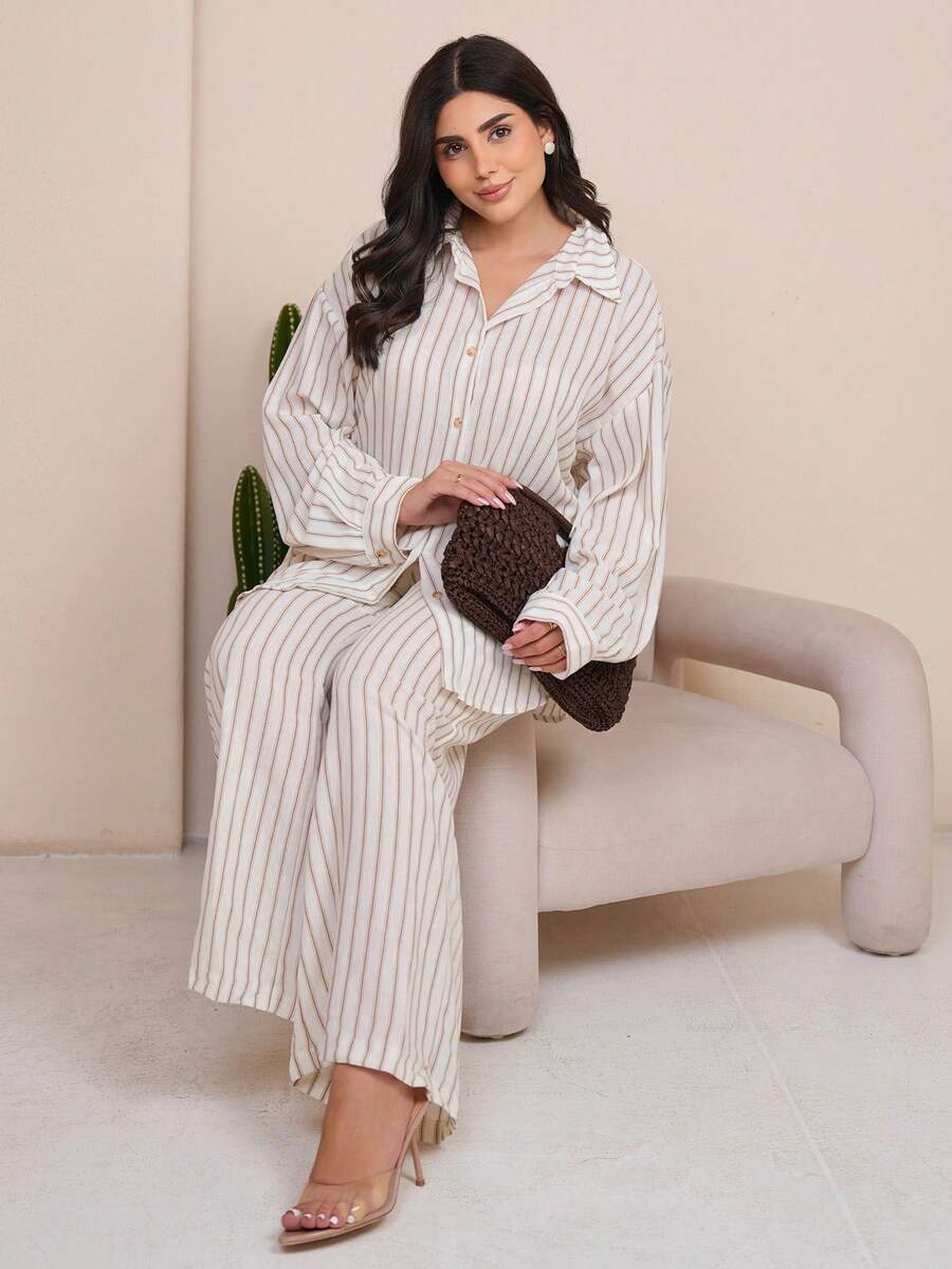 The Leen Edit Autumn/Winter New Loose Casual Striped Women's 2 Pieces Set Elegant - Khaki - View 1