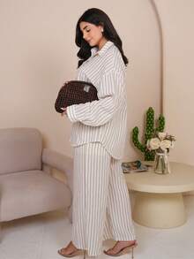 The Leen Edit Autumn/Winter New Loose Casual Striped Women's 2 Pieces Set Elegant - Khaki - View 3