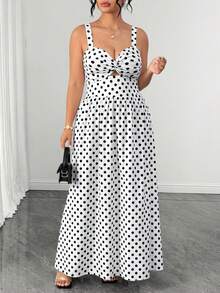 Elenzga Plus Size Women's Elegant 1920 Vintage All White Print Twisted Front Cutout Cami High Waist A-Line Dress Suitable For Summer Daily Commute - Black and White - View 5