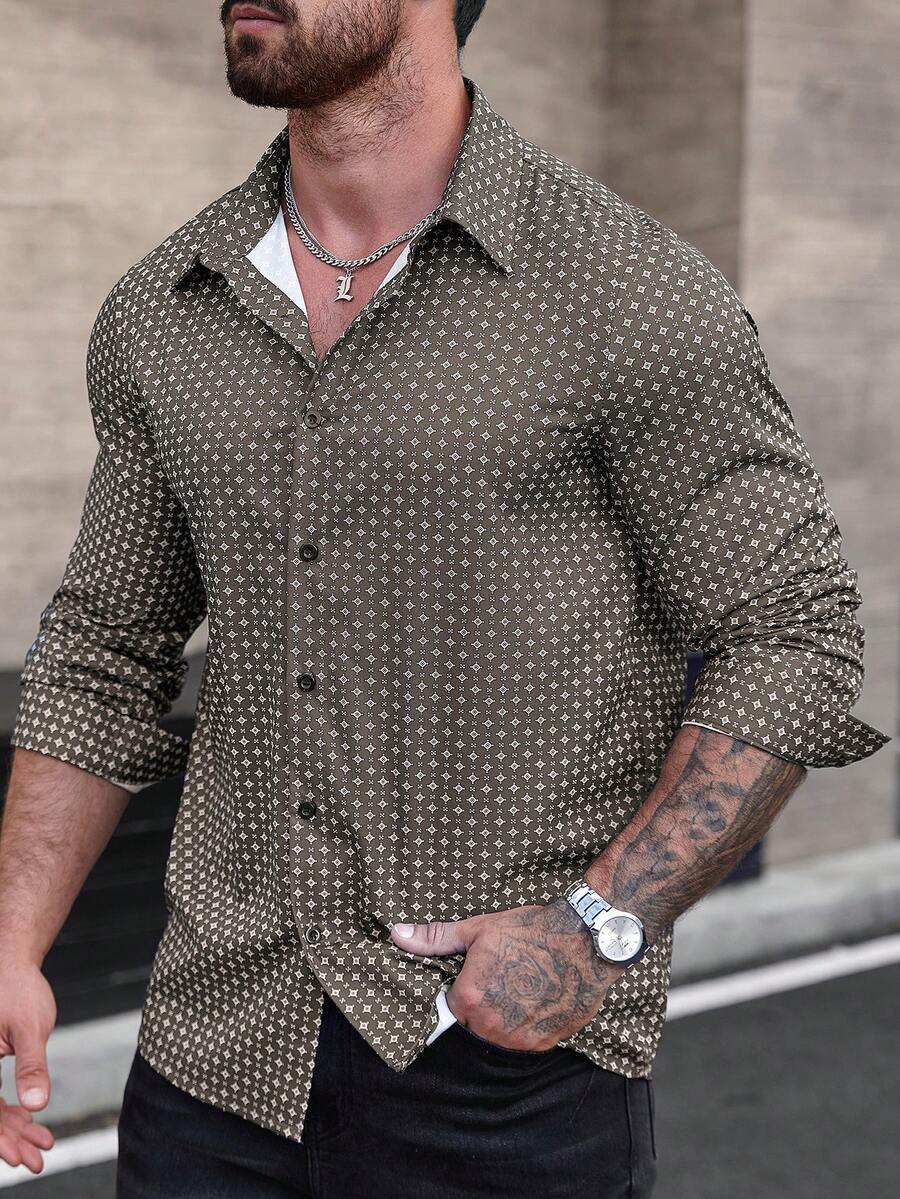 EGENSIO Plus Size Men's All-Over Print Long Sleeve Single-Breasted Casual Commute Shirt - Coffee Brown - View 1