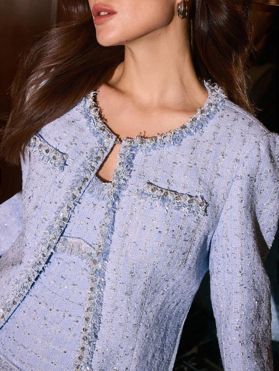 MOTF WOMEN'S ELEGANT TWEED SEQUIN DETAIL RAW TRIM FAUX PEARL RHINESTONE DECORATED BLAZER