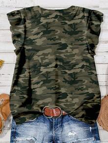 EMERY ROSE Plus Size Women's Summer Dark Green Camouflage Shirt,V-Neck Flutter Sleeves Retro Loose Blouses For Vacation,Hiking,Smart Casual Holiday Style Fall - Army Green - View 2