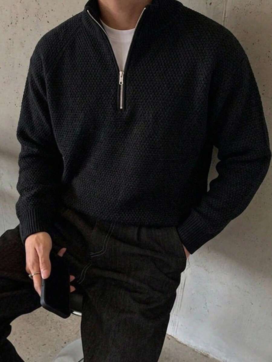 Claim Dot Old Money Men's Plus Size Solid Color Zip-Up Half-Placket Long Sleeve Casual Streetwear Sweater Formal Vacation Office Black Autumn - Black - View 1